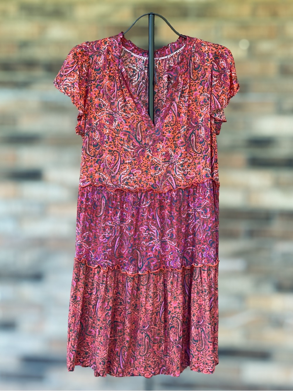 Anthropologie Size 1 Orange Pink Paisley Tiered Ruffle Midi Dress